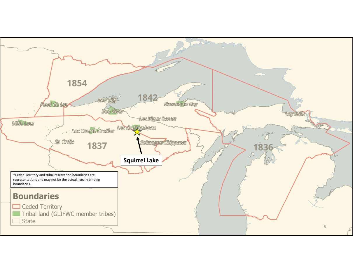 Map of the Ceded Territory in Minnesota, Wisconsin and Michigan, outlined in red with treaty areas labeled 1854, 1842, 1837 and 1836, GLIFWC member tribal lands in green, and a star labeled Squirrel Lake in north-central Wisconsin.