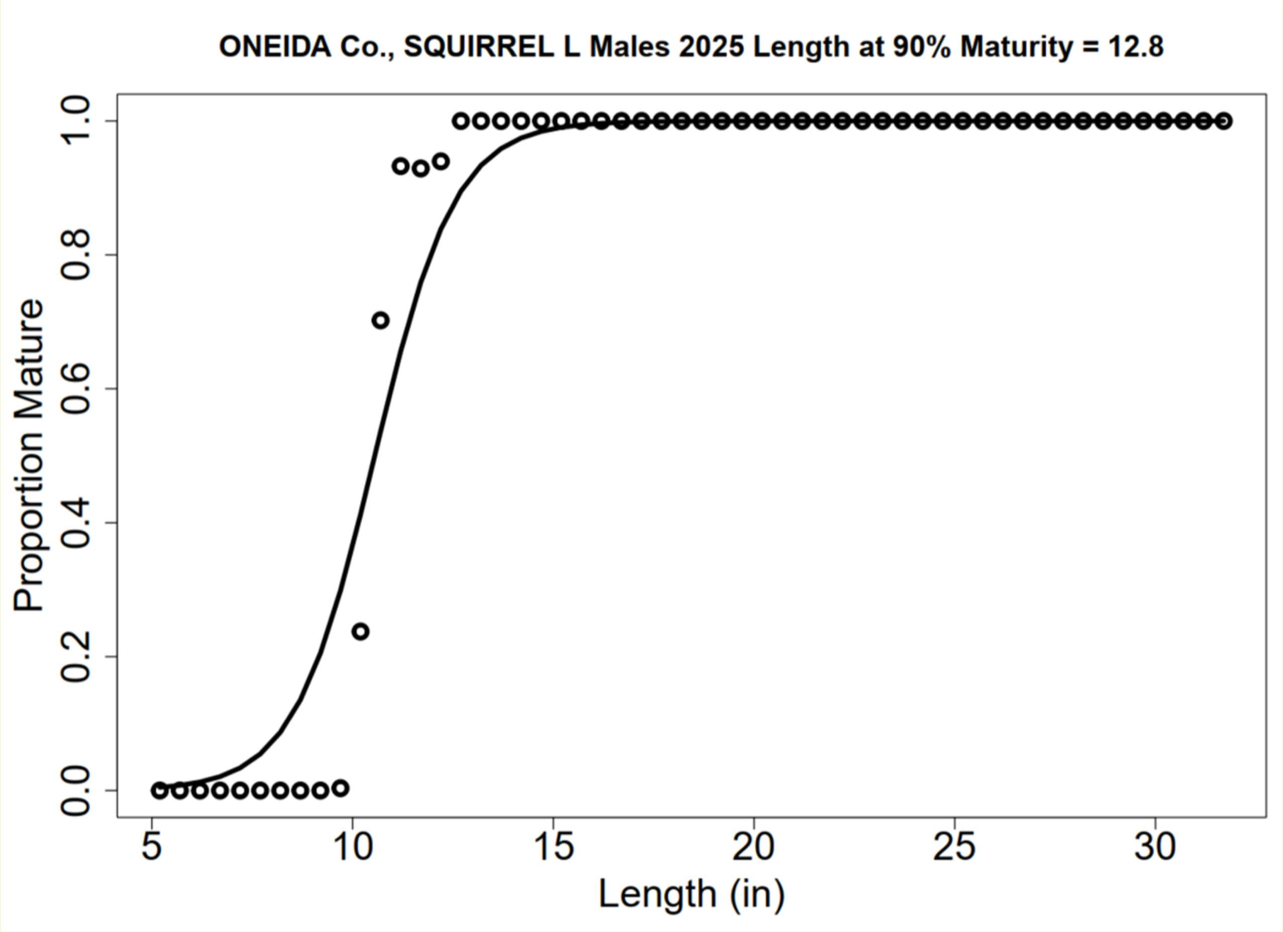 Proportion of male walleye mature by length (in), Squirrel Lake, 2025: observed points and a fitted S-shaped curve.
